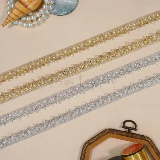 Metallic Yarn, Glass Beads, Pearl, Sequence Lace