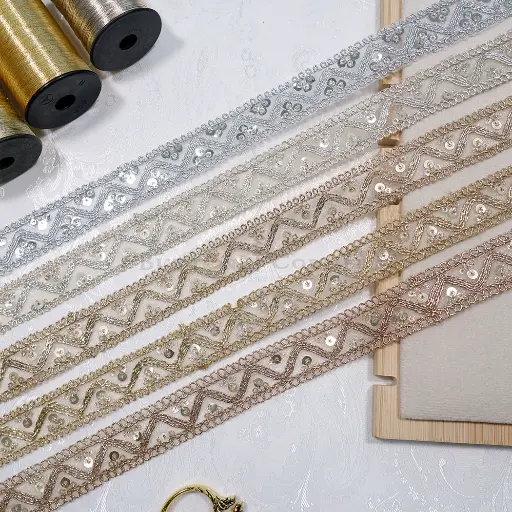 Wave Design Sequence Embellishment Fancy Metallic Yarn Lace
