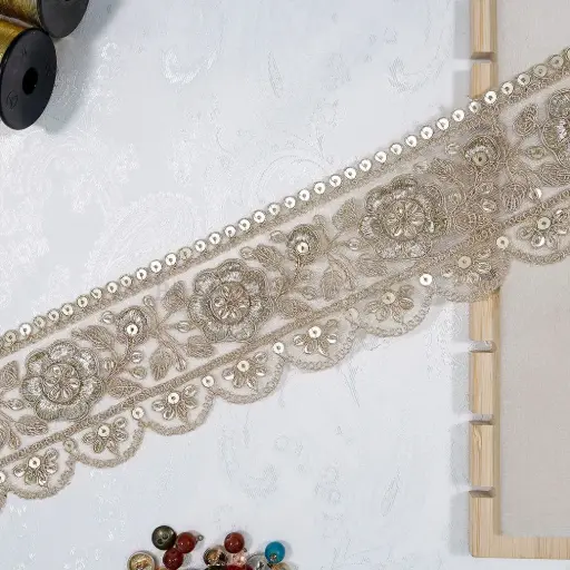 [FANL1818 GOLD] Floral Design Metallic Yarn Sequence Lace