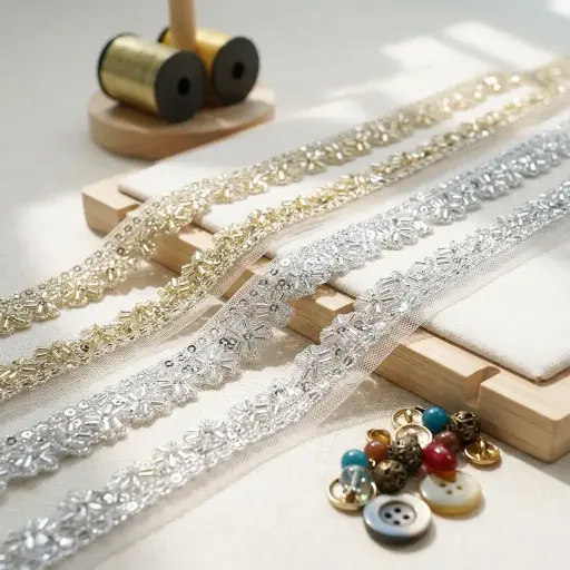 Metallic Yarn, Glass Beads, Sequence Lace