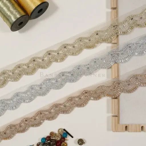 Metallic Yarn Glass Beads Sequence Net Lace