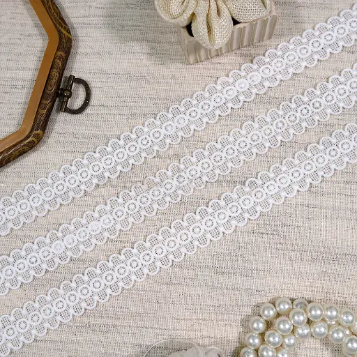 [30994-2 WHITE] Double-Sided Border Scalloped Edges Shuttle Lace