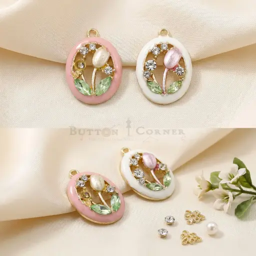 Gold Base Rhinestones Tulip Design Pendant
