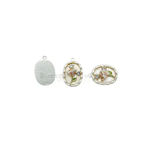 [FA765 BEIGE SILVERY] Micropraved CZ Enamel Art Frame Flower Pendant