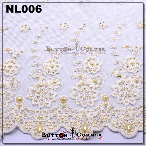 [NL006 WHITE] One Side Border Net Lace With Pearl