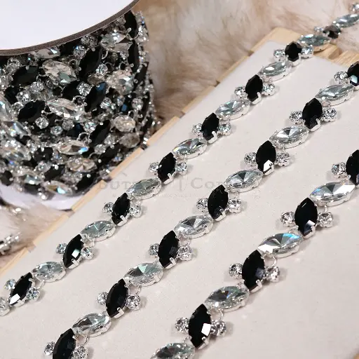 [H212 Jet + Crystal Wht] Nontoxic White Base Marquise Cut Crystal Rhinestone Chain