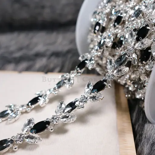 [H278 Jet + Black Diamond] Floral Design Mini Marquise Cut Fancy Chain