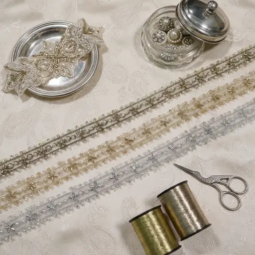Metallic Yarn, Glass Beads, Pearl, Organza, Fancy Lace