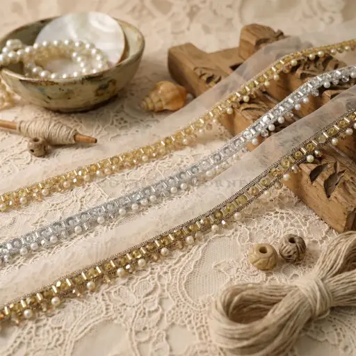 Metallic Yarn, Glass Beads, Pearl, Organza, Edge Lace