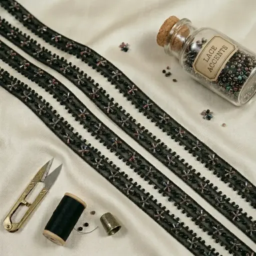 [AL-8073 BLACK MULTI] Embroidery Thread, Multi Glass Beads, Pearl, Organza, Fancy Lace
