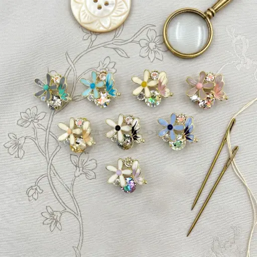 Enamel Flower & Butterfly Wing Cluster Rhinestone Pendant