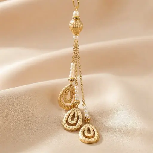 [TSL385 WHITE GOLD] Chain & Pearl Triple Strand Chandelier Tassel
