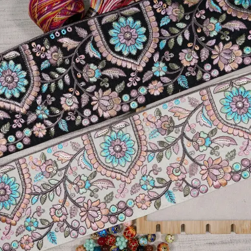 Floral & Leaf Design, Metallic Yarn, Embroidery Trim, Sequence Lace