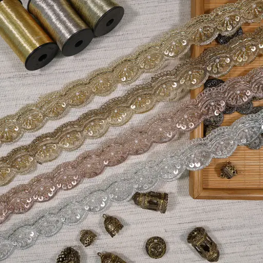 Metallic Yarn, Glass Beads, Pearl, Sequence Lace