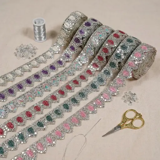 Embroidery Thread Metallic Yarn Scalloped Lace With Foil Paper
