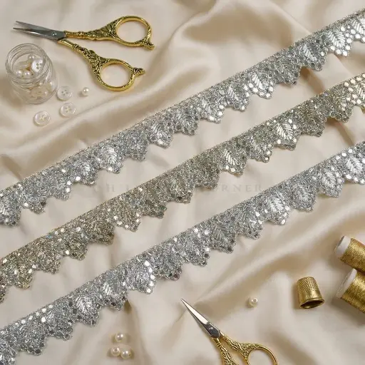 Metallic Yarn Scalloped Lace With Foil Paper