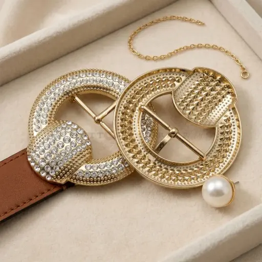 [99760 CRYSTAL LGT TEA GOLD] Gold Plated Rhinestone Decorative Belt Buckle With Prong