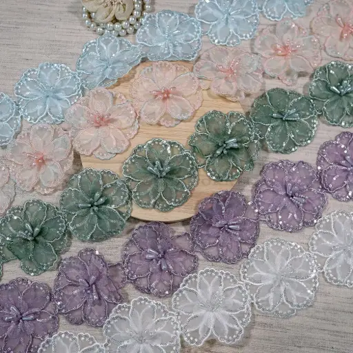 3D Floral Organza Patch Lace With Pearl & Sequence 