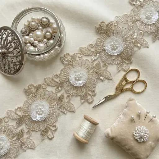 [FANL1855 LIGHT GOLD] Metallic Yarn, Floral, Sequence, and Pearl Beaded Lace