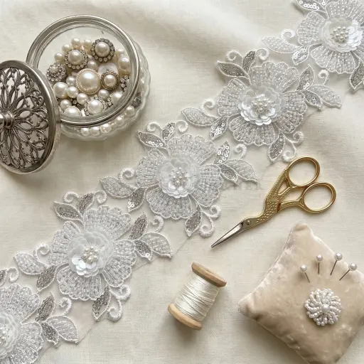 Embroidery Thread, Floral, Sequence & Pearl Beaded Lace