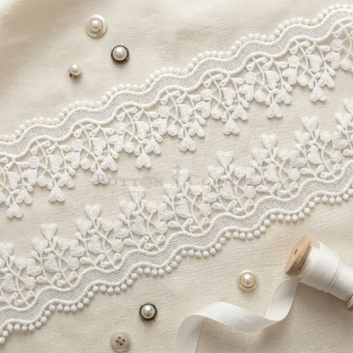 [83309-5 WHITE] One-Side Border Blossom Design Shuttle Lace