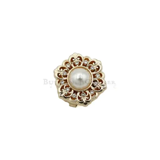 [M6058 GOLD] Filigree Flower Style Pearl And Rhinestone Fancy Cover Button