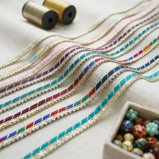 Diagonal-Striped Pattern Fancy Gota Lace with Glass Beads Edge