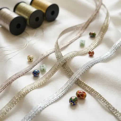 Metallic Yarn Fancy Gota Lace with Glass Beads Edge