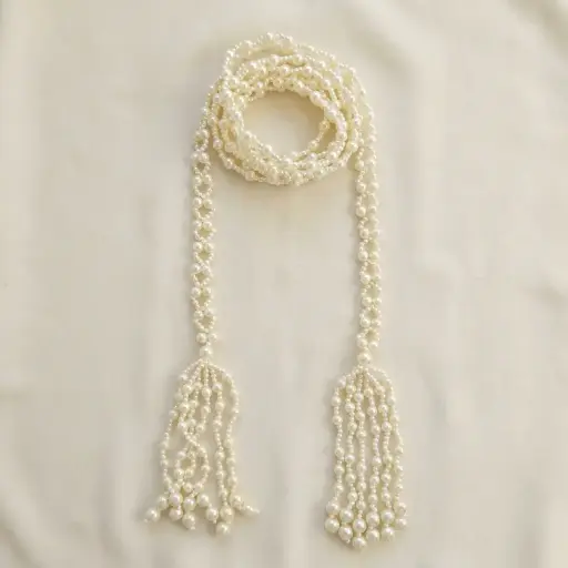 [FA407 PEARLY WHITE] Sautoir Style Waist Belt with Decorative Tassel