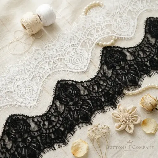 Intricate Floral Scalloped Chantilly Lace with Double Eyelash Fringe