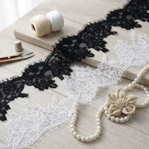 Floral Chantilly Lace Appliqué Trim with Scalloped Eyelash Fringe