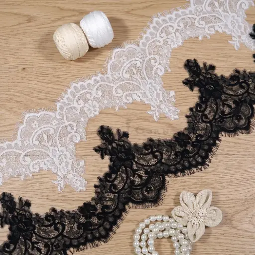 Floral Chantilly Lace Appliqué Trim with Scalloped Eyelash Fringe
