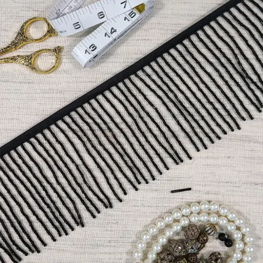 [CDJL117 BLACK] Decorative Black Beaded Hanging Border Lace