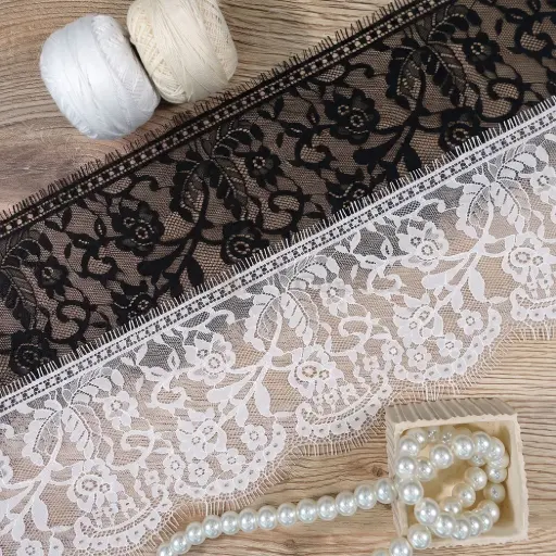 Elegant Rose Floral Chantilly Lace with Double Eyelash Fringe