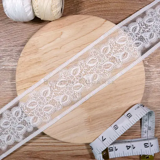 [HD284 WHITE] Double-Sided Border Floral & Leaf Pattern Embroidery Net Lace