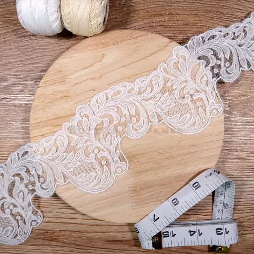 [HD396L WHITE] Textured Leaf ScrollWork Tulle Border Embroidery Net Lace