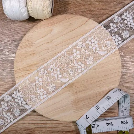 [HD478 WHITE] Whimsical Bird & Cage Motif Tulle Net Lace