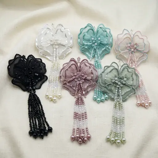 Organza Flower Tassel with Sequence Border & Pearl Beads Hanging