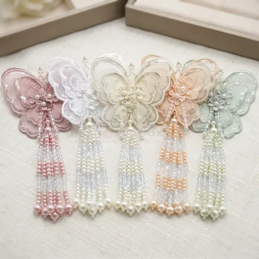 3D Organza Butterfly Tassel with Sequence Border & Pearl Beads Hanging