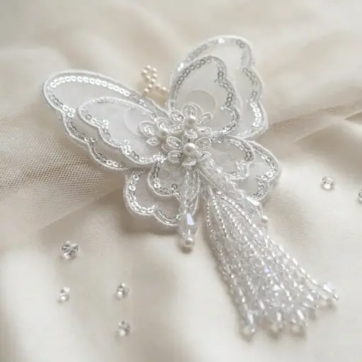 [TSL393 WHITE] 4.75 Inch Organza 3D Butterfly Tassel with Sequence Border & Hanging Beads