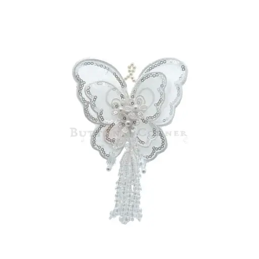 [TSL393 WHITE] Organza 3D Butterfly Tassel With Sequence Border & Hanging Beads