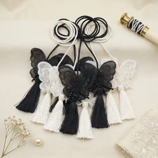 Organza 3D Butterfly Tassel Cord with Sequence Border & Centre Flower Embellishment