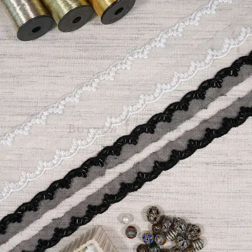 Wave Edge With Glass Beads Floral Pattern, Fancy Lace