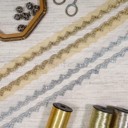 Wave Edge with Glass Beads Floral Pattern, Fancy Metallic Yarn Lace
