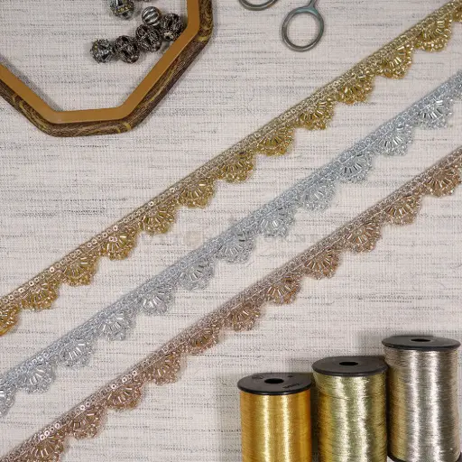 Fancy Metallic Yarn, Glass Beads, and Sequence Lace with Scallop Edge