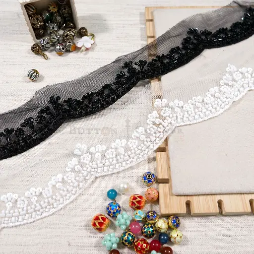 Fancy Glass Beads, Sequence Lace With Decorative Floral Pattern
