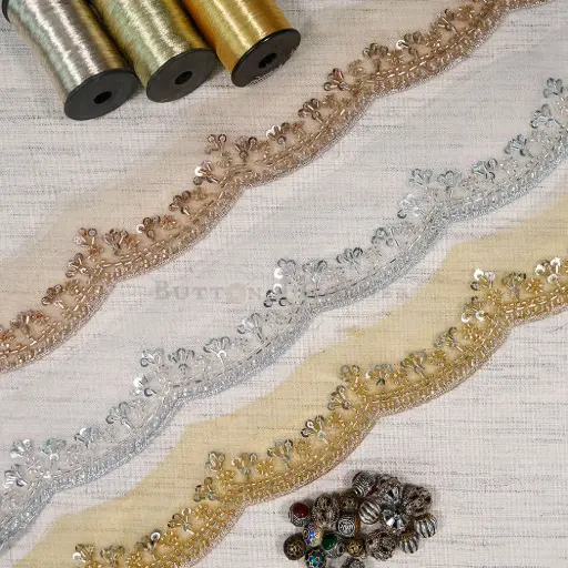 Decorative Floral Pattern Metallic Yarn, Glass Beads, and Sequence Lace 