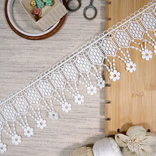 [85491-8 WHITE] Geometric Pattern Hanging Shuttle Lace with Hanging Flowers