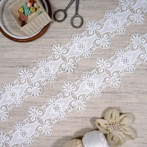 [17704-7 WHITE] Curved, Looping Openwork Border Shuttle Lace
