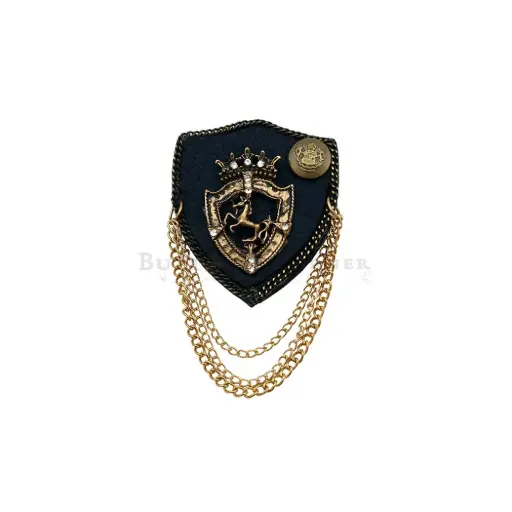 [LP59 NAVY BLUE GOLD] Regal Equestrian Shield Brooch with Draped Gold Chains